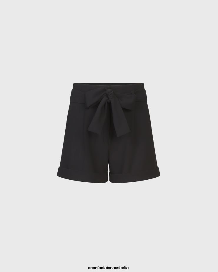 Anne Fontaine Clothing 2VZRJ328 Women Classic Short Crepe Shorts With Rolled Hem and Tie-Waist Belt Black
