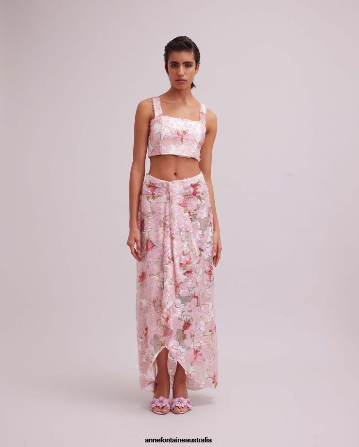 Anne Fontaine Clothing 2VZRJ313 Women Anis Skirt and Sequin Rose Pattern Sarong Style Skirt With CascadingRuffle Pink/Gold