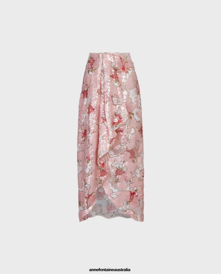 Anne Fontaine Clothing 2VZRJ313 Women Anis Skirt and Sequin Rose Pattern Sarong Style Skirt With CascadingRuffle Pink/Gold