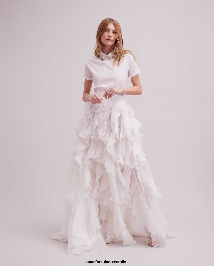 Anne Fontaine Clothing 2VZRJ315 Women Adoration Skirt Silk Organza Ruffle Layered Maxi Skirt With High Slit White