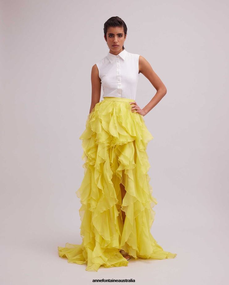 Anne Fontaine Clothing 2VZRJ316 Women Adoration Skirt Silk Organza Ruffle Layered Maxi Skirt With High Slit Yellow