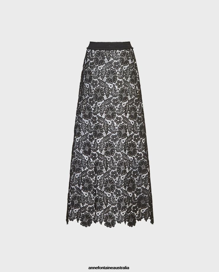 Anne Fontaine Clothing 2VZRJ321 Women Cap Skirt Embroidered Floral Maxi Skirt Black
