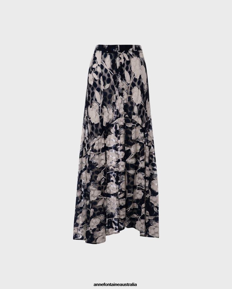 Anne Fontaine Clothing 2VZRJ342 Women Chama Skirt and Lace Floral Skirt With Slit White/Blue