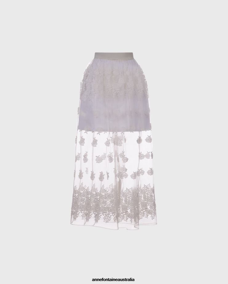 Anne Fontaine Clothing 2VZRJ354 Women Clady Skirt Floor-Grazing Tulle Skirt With Embroidered Flowers White
