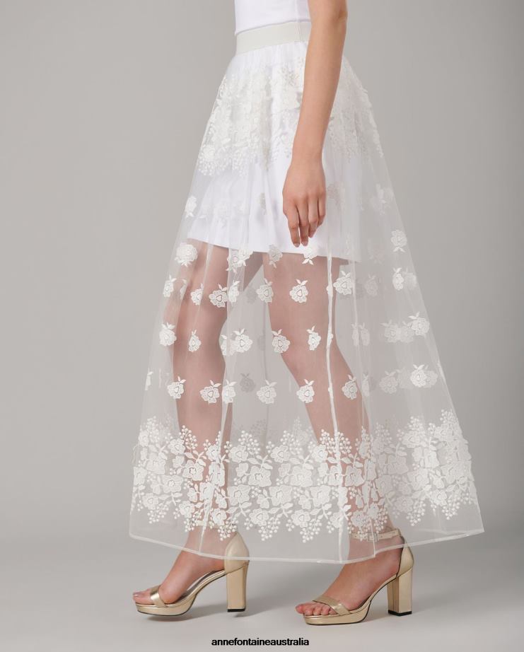 Anne Fontaine Clothing 2VZRJ354 Women Clady Skirt Floor-Grazing Tulle Skirt With Embroidered Flowers White