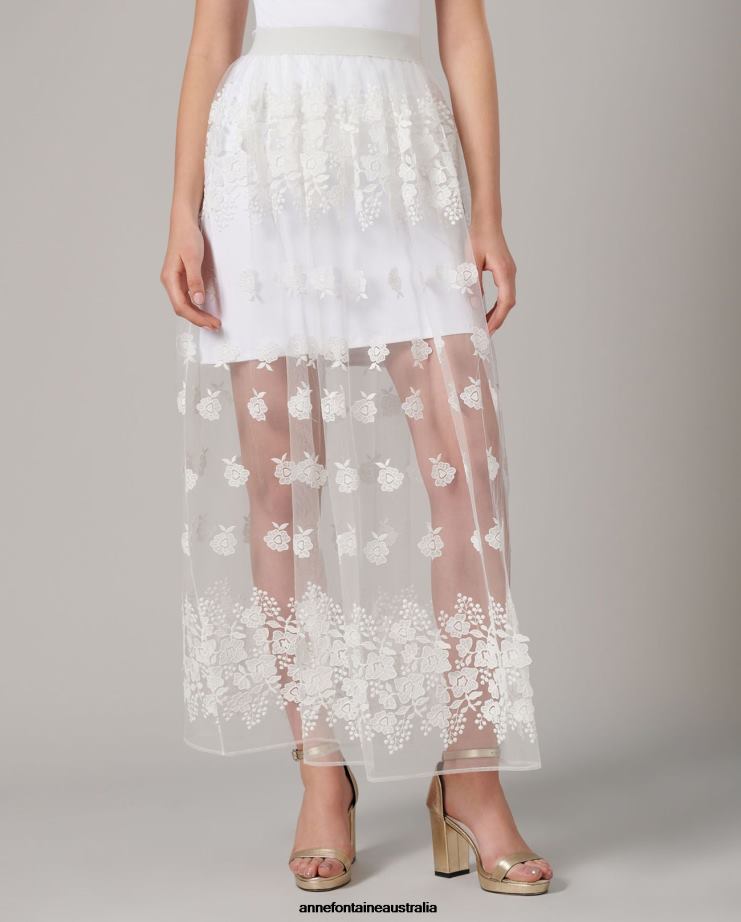 Anne Fontaine Clothing 2VZRJ354 Women Clady Skirt Floor-Grazing Tulle Skirt With Embroidered Flowers White