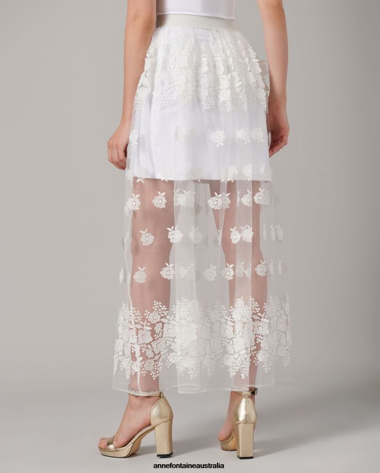 Anne Fontaine Clothing 2VZRJ354 Women Clady Skirt Floor-Grazing Tulle Skirt With Embroidered Flowers White