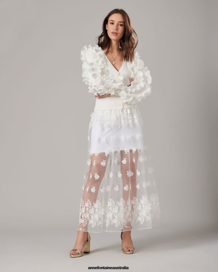 Anne Fontaine Clothing 2VZRJ354 Women Clady Skirt Floor-Grazing Tulle Skirt With Embroidered Flowers White