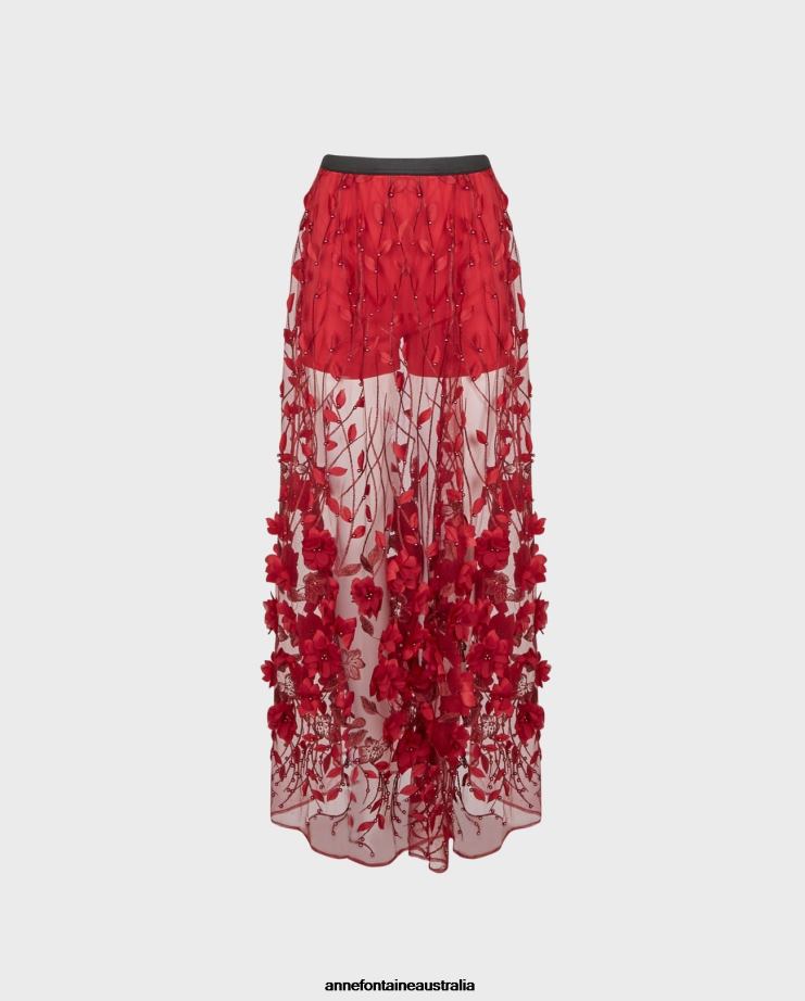 Anne Fontaine Clothing 2VZRJ369 Women Sandy Skirt Long Sheer Net Skirt With Embroidered Flowers and Beading Tango Red