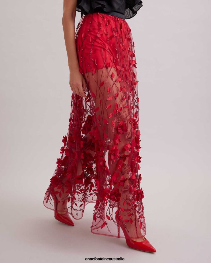 Anne Fontaine Clothing 2VZRJ369 Women Sandy Skirt Long Sheer Net Skirt With Embroidered Flowers and Beading Tango Red