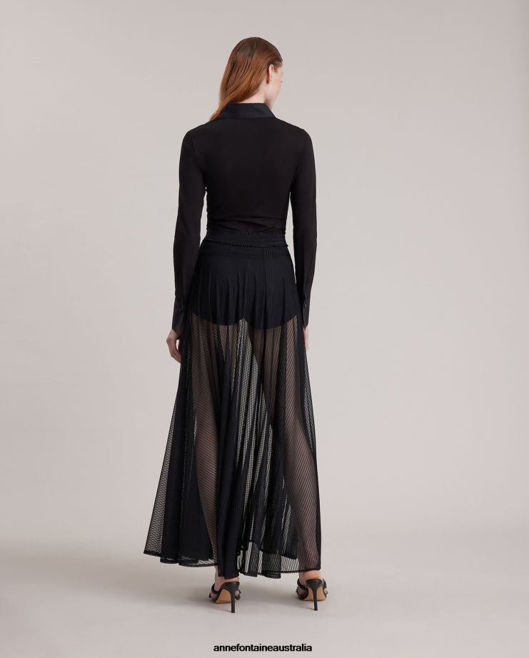 Anne Fontaine Clothing 2VZRJ370 Women Lune Skirt Long Sheer Circle Skirt With Elastic Ruffle Waistband Black