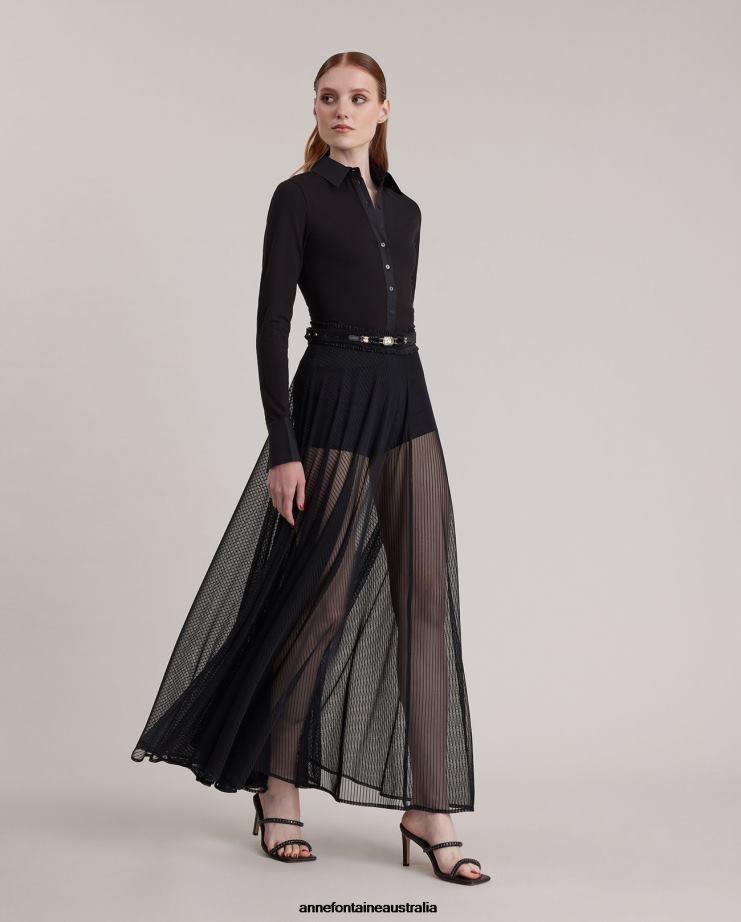 Anne Fontaine Clothing 2VZRJ370 Women Lune Skirt Long Sheer Circle Skirt With Elastic Ruffle Waistband Black