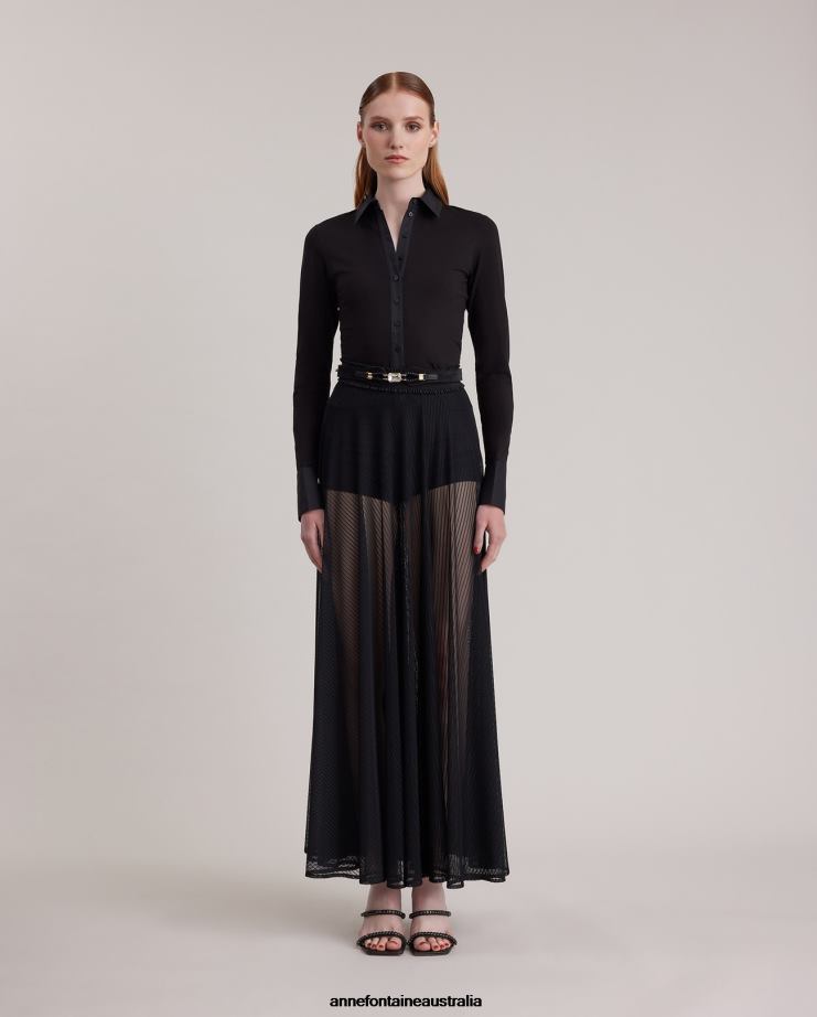 Anne Fontaine Clothing 2VZRJ370 Women Lune Skirt Long Sheer Circle Skirt With Elastic Ruffle Waistband Black