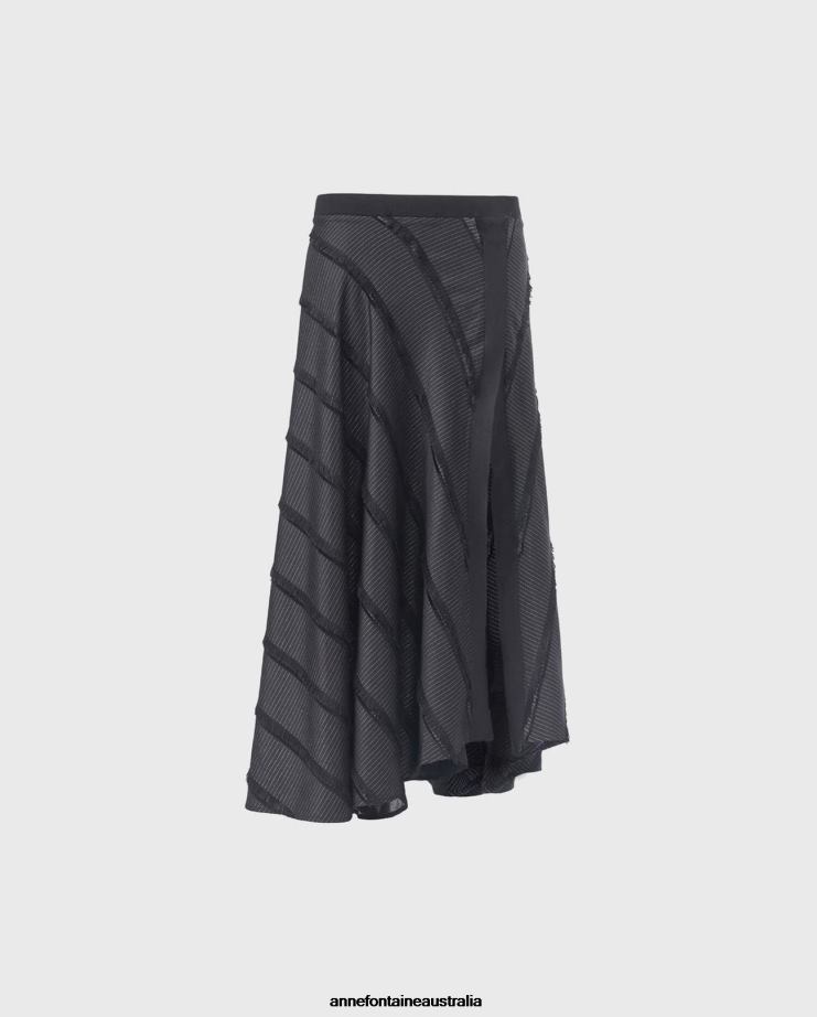 Anne Fontaine Clothing 2VZRJ373 Women Locustel Skirt Midi Length Jacquard Skirt With Diagonal Tiered Fringe Black