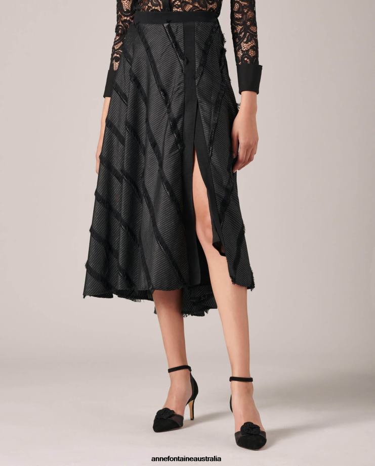 Anne Fontaine Clothing 2VZRJ373 Women Locustel Skirt Midi Length Jacquard Skirt With Diagonal Tiered Fringe Black