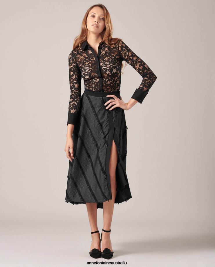 Anne Fontaine Clothing 2VZRJ373 Women Locustel Skirt Midi Length Jacquard Skirt With Diagonal Tiered Fringe Black