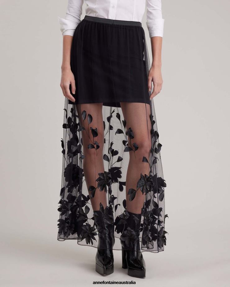 Anne Fontaine Clothing 2VZRJ374 Women Enid Skirt Tulle Skirt With Embroidered Flowers Black