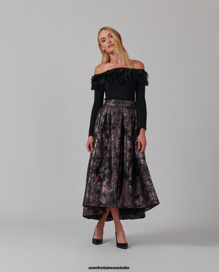 Anne Fontaine Clothing 2VZRJ379 Women Lopielle Skirt Metallic Jacquard-Woven Skirt With Voluminous Body Black