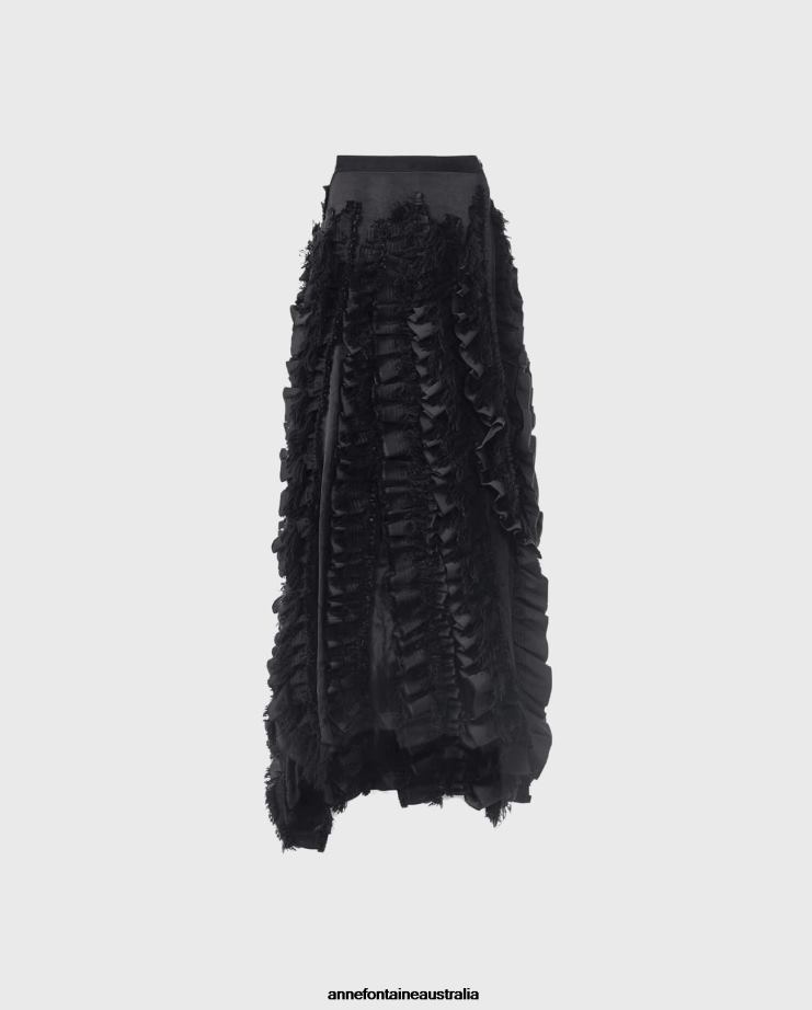 Anne Fontaine Clothing 2VZRJ380 Women Lanielle Skirt Artisan Crafted Satin Skirt With Vertical Flowing Ruffles Black