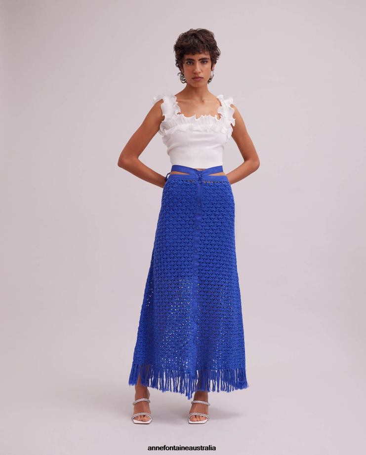 Anne Fontaine Clothing 2VZRJ389 Women Provencal Skirt Crochet Maxi Skirt With Waistband Strap Blue
