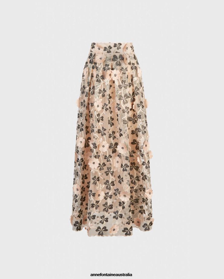 Anne Fontaine Clothing 2VZRJ392 Women Bikendi Skirt Full Length Nude Color Skirt With 3D Floral Design Black