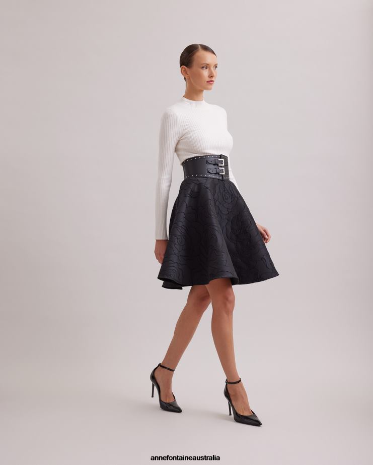 Anne Fontaine Clothing 2VZRJ393 Women Comedie Skirt Jacquard Circle Skirt With Embroidery Rose Pattern Black