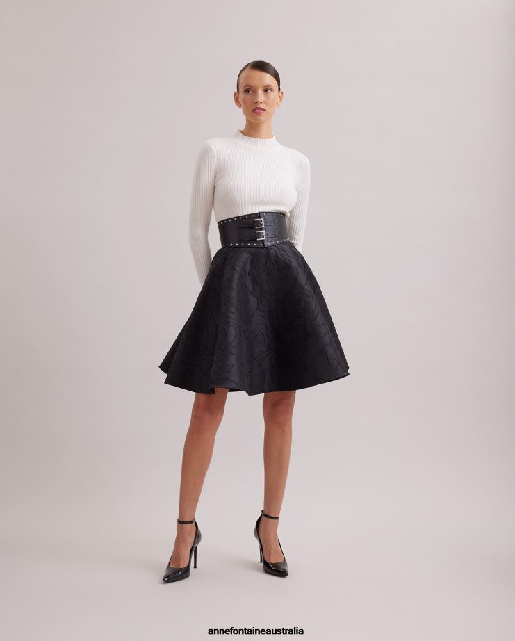 Anne Fontaine Clothing 2VZRJ393 Women Comedie Skirt Jacquard Circle Skirt With Embroidery Rose Pattern Black