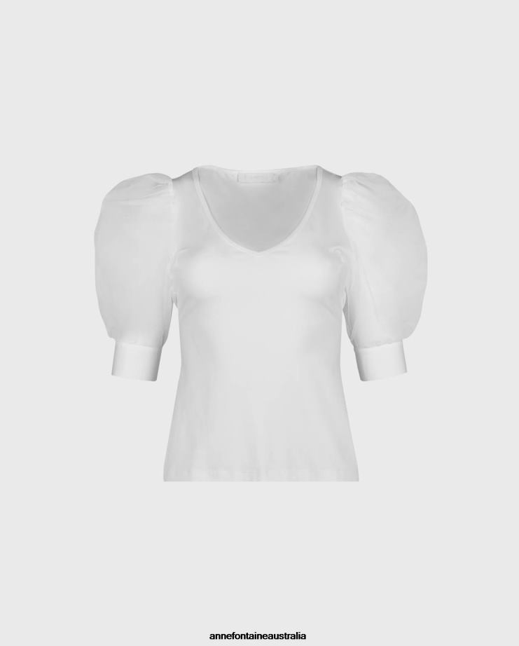 Anne Fontaine Clothing 2VZRJ248 Women Aerial Top V-Neck Top With Sheer Mesh Sleeves White