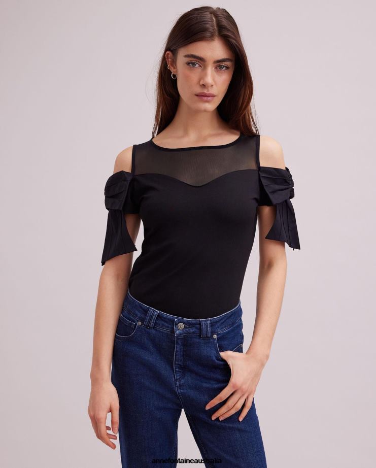 Anne Fontaine Clothing 2VZRJ251 Women Virtyl Top Sweetheart Neckline Jersey Top With Sheer Yoke Black