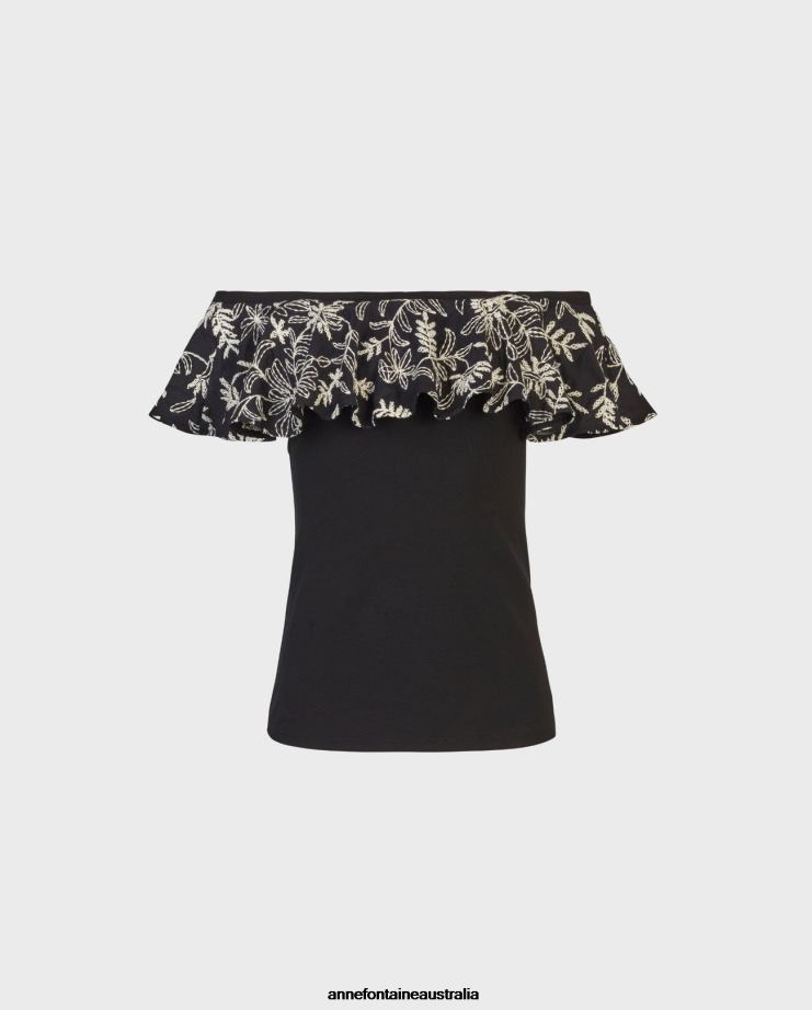 Anne Fontaine Clothing 2VZRJ255 Women Fusain Top With and Floral Overlay Black/White