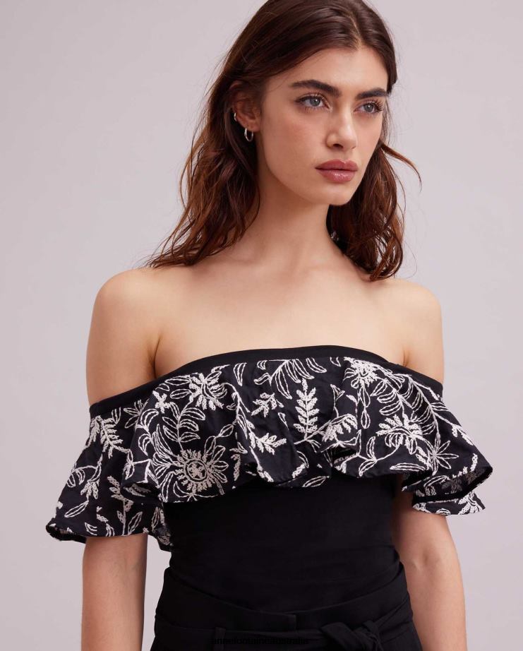 Anne Fontaine Clothing 2VZRJ255 Women Fusain Top With and Floral Overlay Black/White