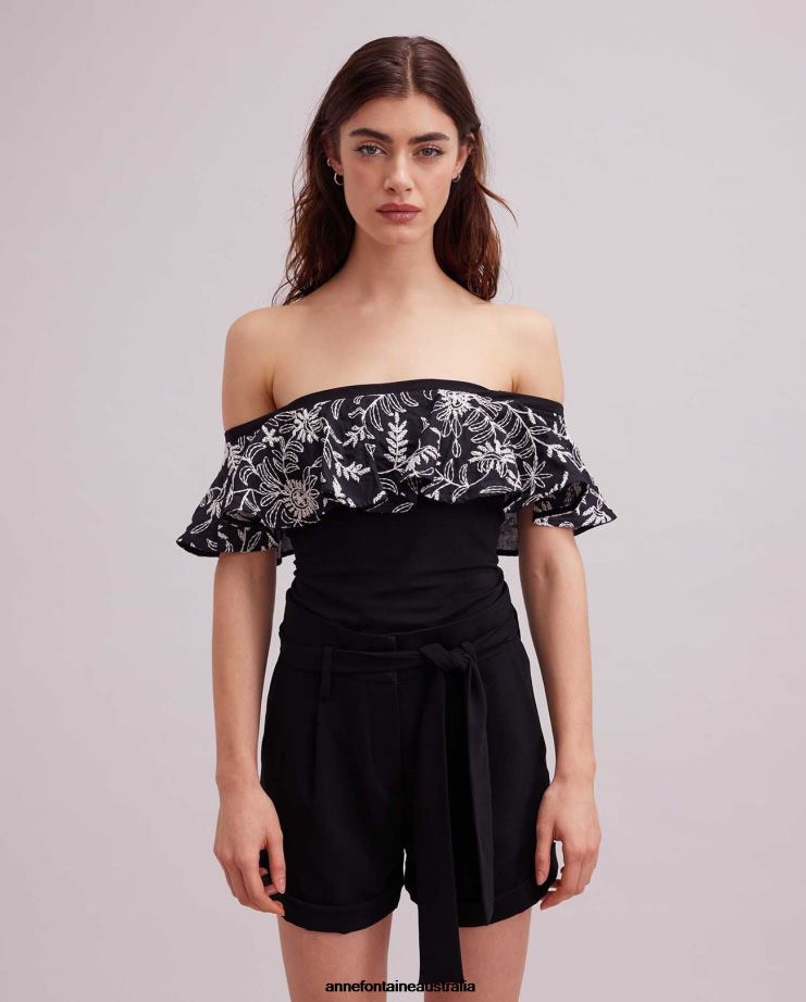 Anne Fontaine Clothing 2VZRJ255 Women Fusain Top With and Floral Overlay Black/White