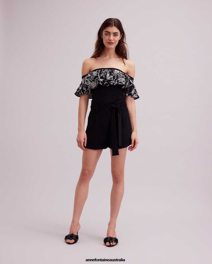 Anne Fontaine Clothing 2VZRJ255 Women Fusain Top With and Floral Overlay Black/White