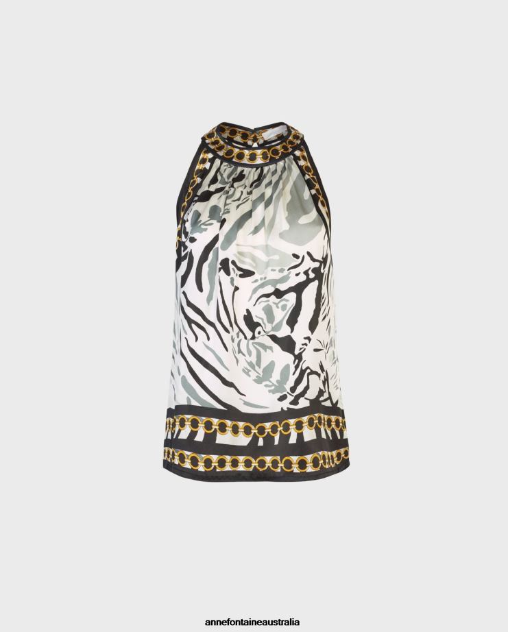 Anne Fontaine Clothing 2VZRJ256 Women Juan Top Halter Top With Silk Zebra Design Black