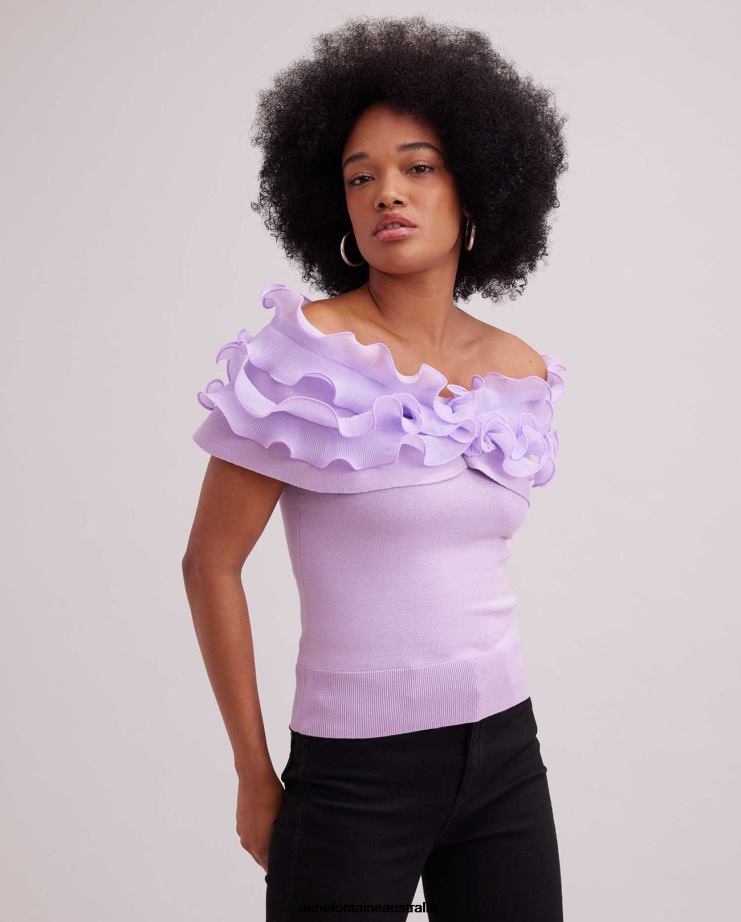Anne Fontaine Clothing 2VZRJ257 Women Dessin Top Lavender Off the Shoulder Top With Micro-Pleated Ruffle Trim Parme