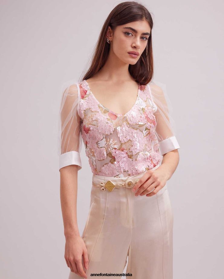 Anne Fontaine Clothing 2VZRJ259 Women Rosea Top and Rose Sequin Top with Short Mesh Puff Sleeves Pink/White