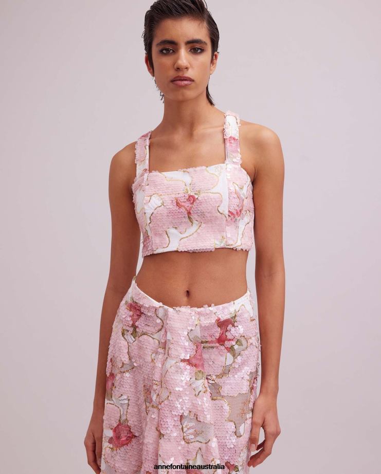 Anne Fontaine Clothing 2VZRJ260 Women Nice Crop Top and Embroidered Sequin Rose Pattern Crop Top Pink/White