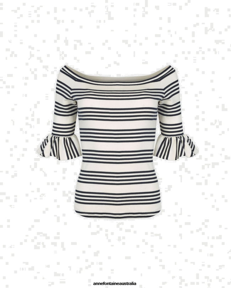 Anne Fontaine Clothing 2VZRJ265 Women Crayon Top Pullover Striped Knit With 3/4 Sleeves Navy