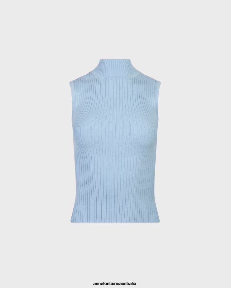 Anne Fontaine Clothing 2VZRJ267 Women Solo Top Sleeveless Ribbed Mockneck Knit Light Blue