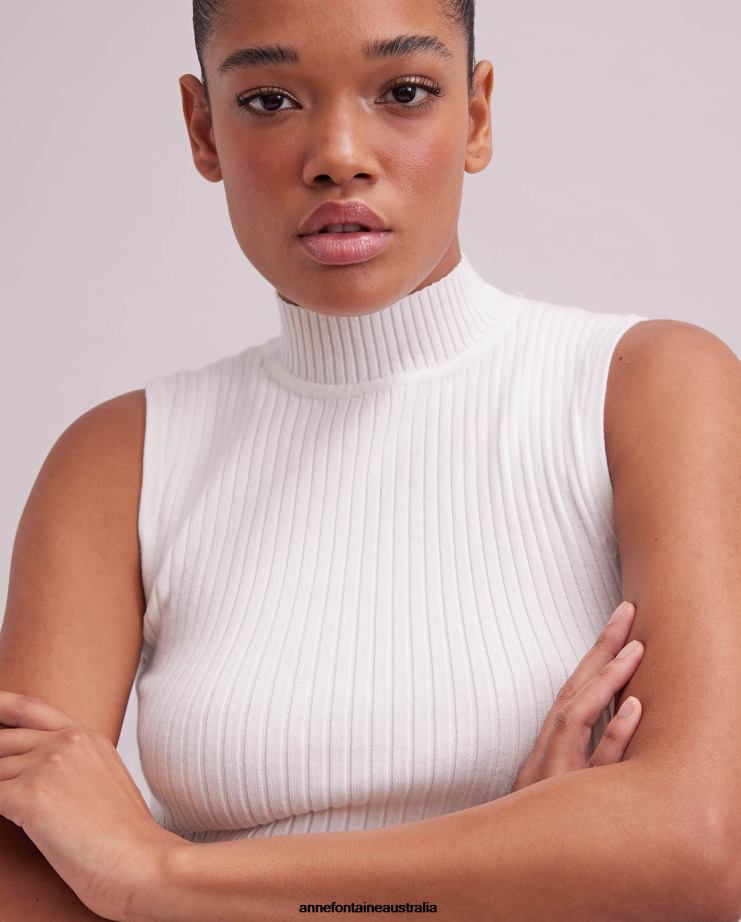 Anne Fontaine Clothing 2VZRJ269 Women Solo Top Sleeveless Knit Mockneck Turtleneck White