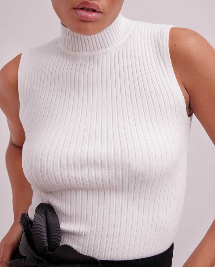 Anne Fontaine Clothing 2VZRJ269 Women Solo Top Sleeveless Knit Mockneck Turtleneck White
