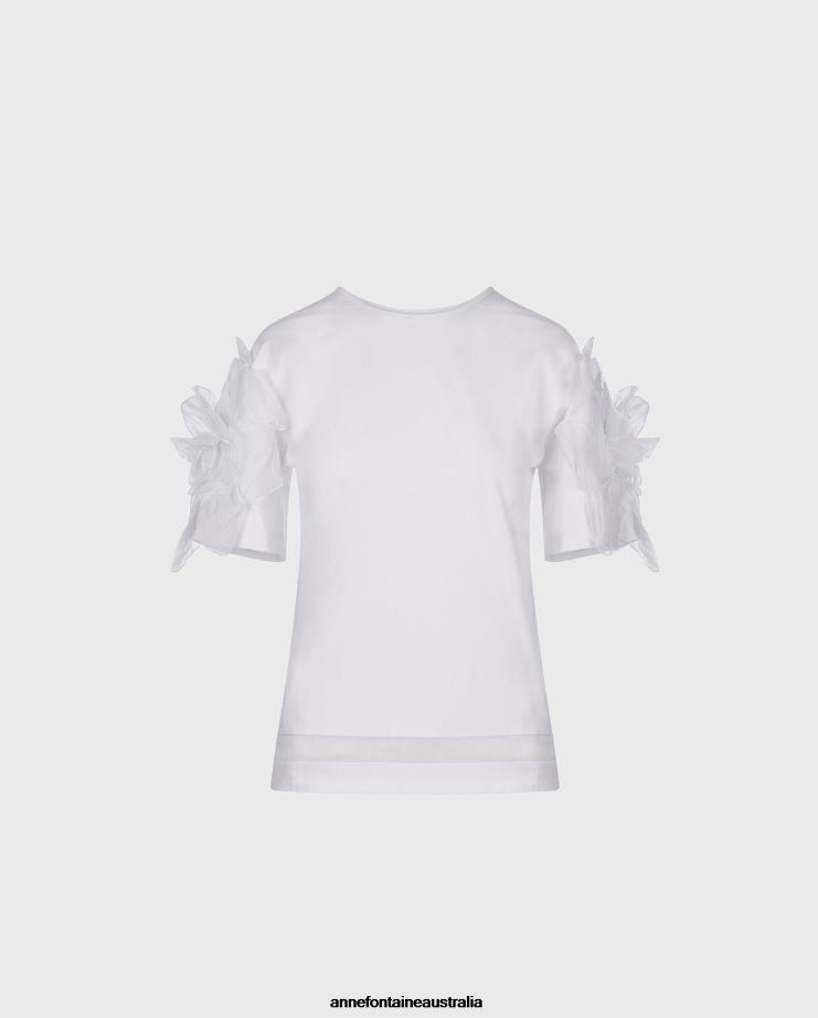 Anne Fontaine Clothing 2VZRJ275 Women Colomba Top With a Scoop Neckline and Statement Floral Sleeves White
