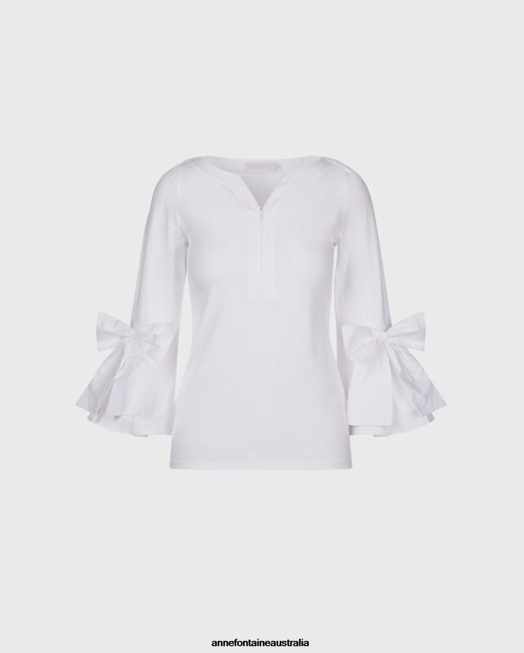 Anne Fontaine Clothing 2VZRJ276 Women Clissa Top 3/4 Sleeves Fitted Pima Top With Placed Bows White