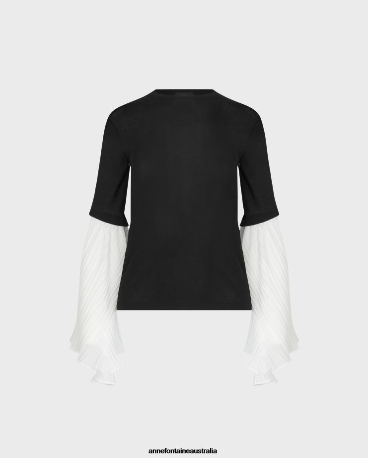 Anne Fontaine Clothing 2VZRJ278 Women Fadette Top Semi-sheer Knit With Pleated Wing Sleeves Black/White