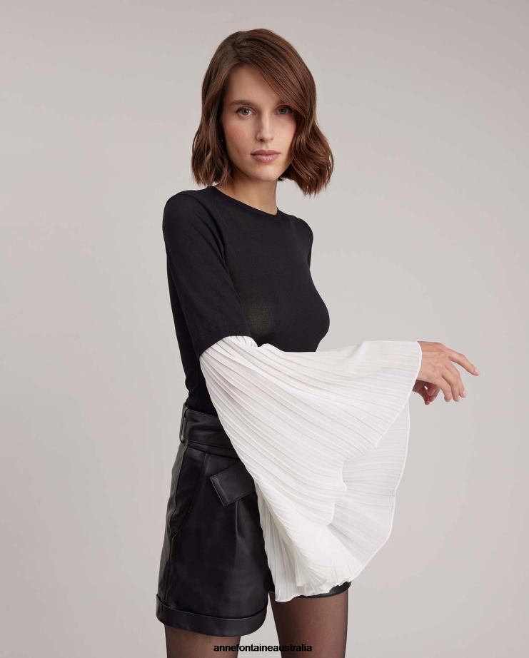 Anne Fontaine Clothing 2VZRJ278 Women Fadette Top Semi-sheer Knit With Pleated Wing Sleeves Black/White