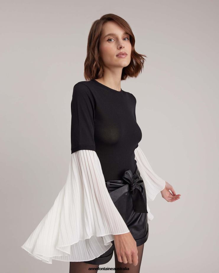 Anne Fontaine Clothing 2VZRJ278 Women Fadette Top Semi-sheer Knit With Pleated Wing Sleeves Black/White