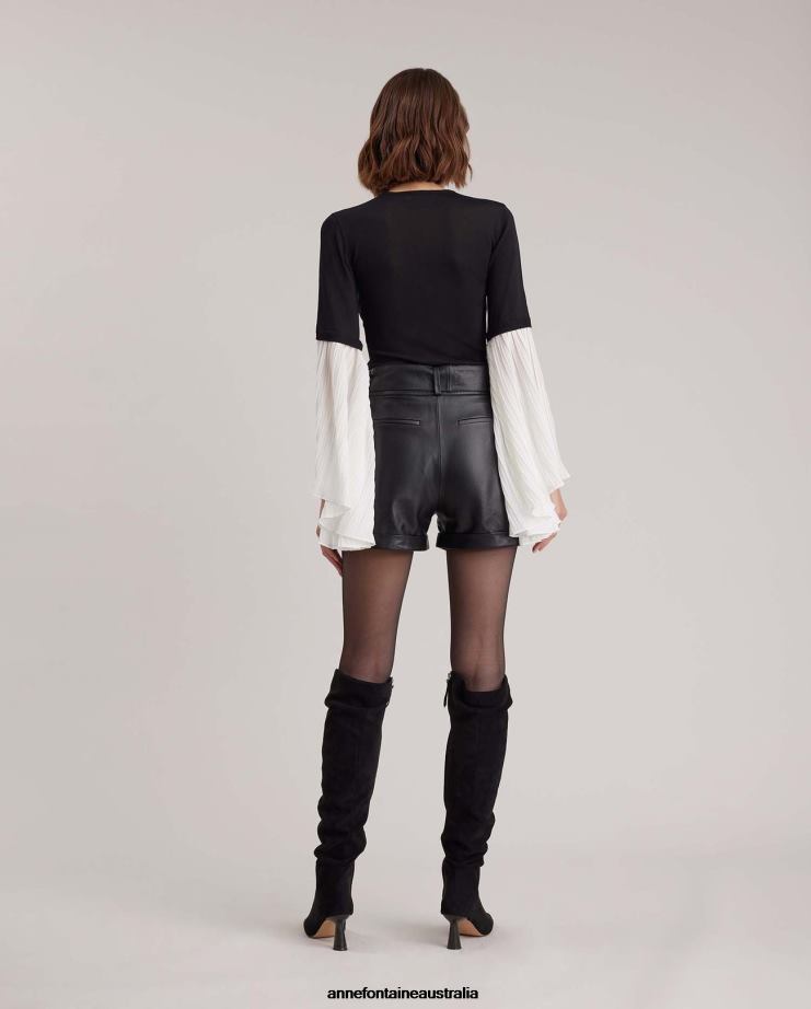 Anne Fontaine Clothing 2VZRJ278 Women Fadette Top Semi-sheer Knit With Pleated Wing Sleeves Black/White