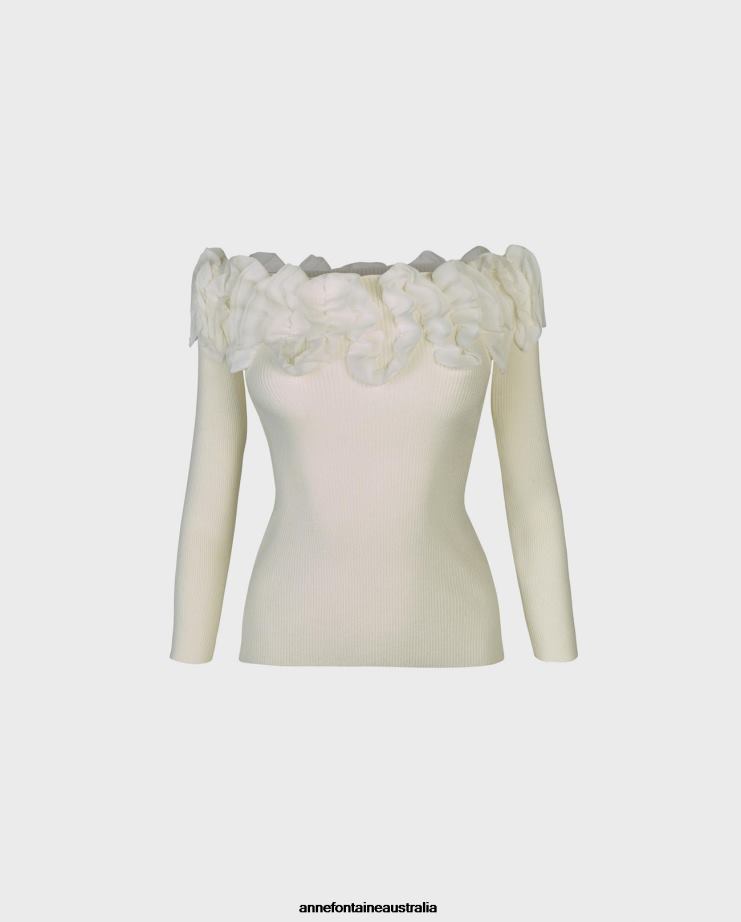 Anne Fontaine Clothing 2VZRJ279 Women Feda Top 3/4 Sleeve Pullover Knit With Ruffles White