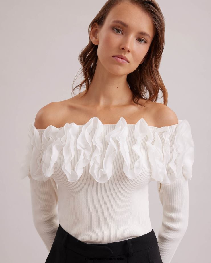 Anne Fontaine Clothing 2VZRJ279 Women Feda Top 3/4 Sleeve Pullover Knit With Ruffles White