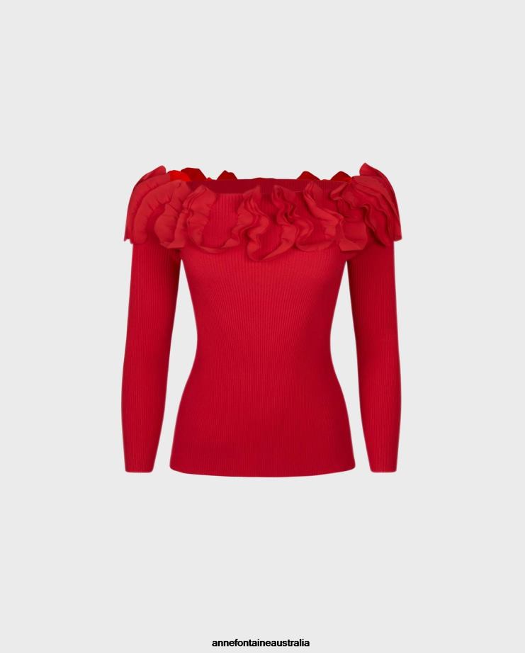 Anne Fontaine Clothing 2VZRJ280 Women Feda Top Long Sleeve Pullover Knit With Embellished Ruffles Red